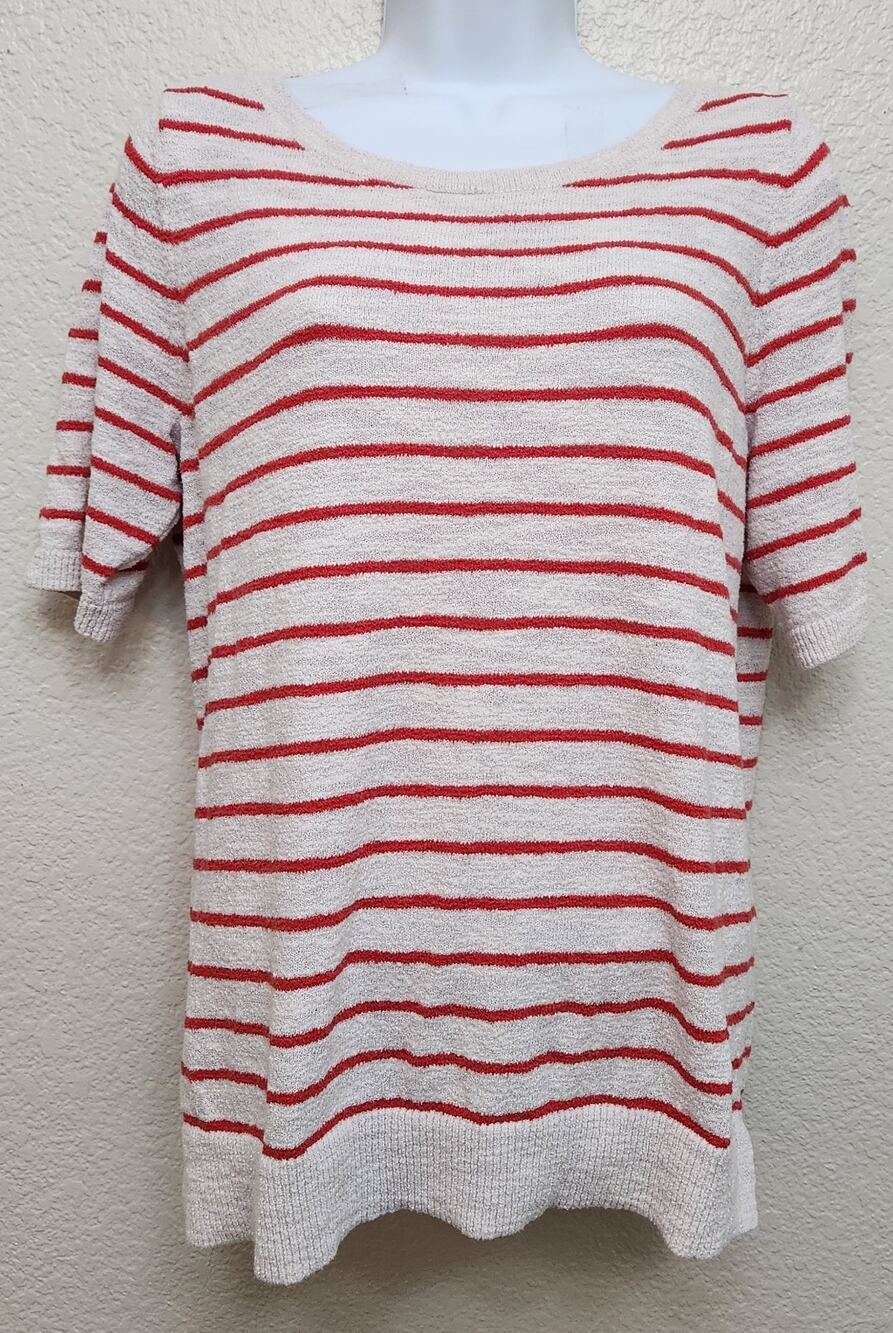 Loft Red Cream Striped Tight Knit Top Large Lightweight Soft Stretch Round Neck